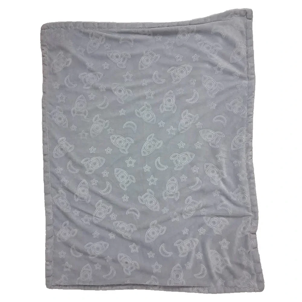 Gray Embossed‎ Rocketship Stars Moon Baby Blanket Solid Soft Plush 30x40 Lovey